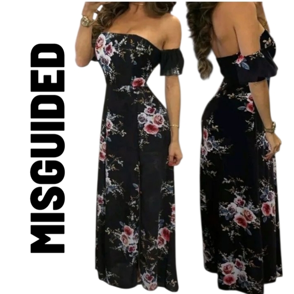 NWT Misguided Black Floral Wrap Dress Size Medium. - Picture 1 of 12